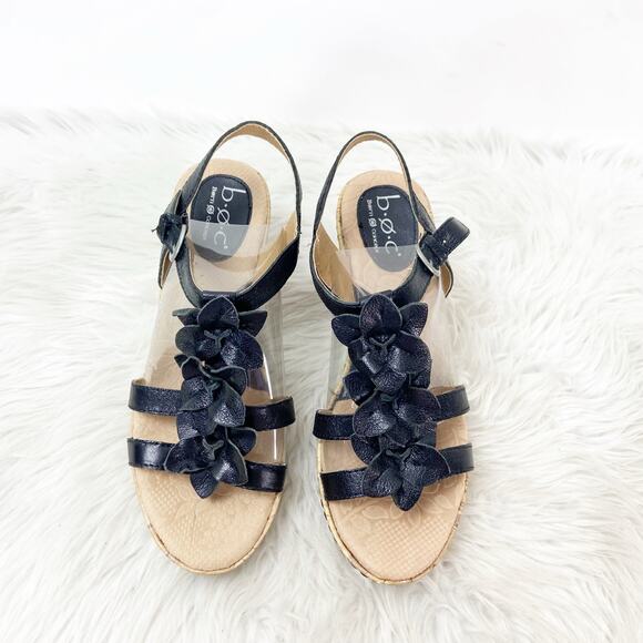 BOC Born Concepts 7 Women's Black Leather Floral Wedge Heel Ankle Strap Sandal - Picture 9 of 14